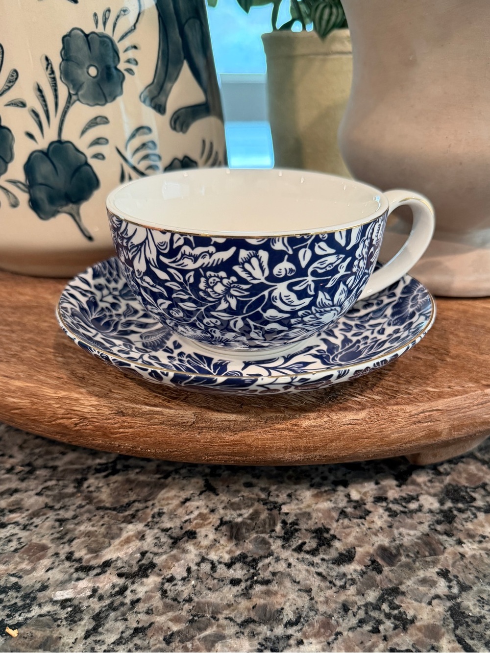 Blue and White Floral Porcelain Teacup and Saucer Set